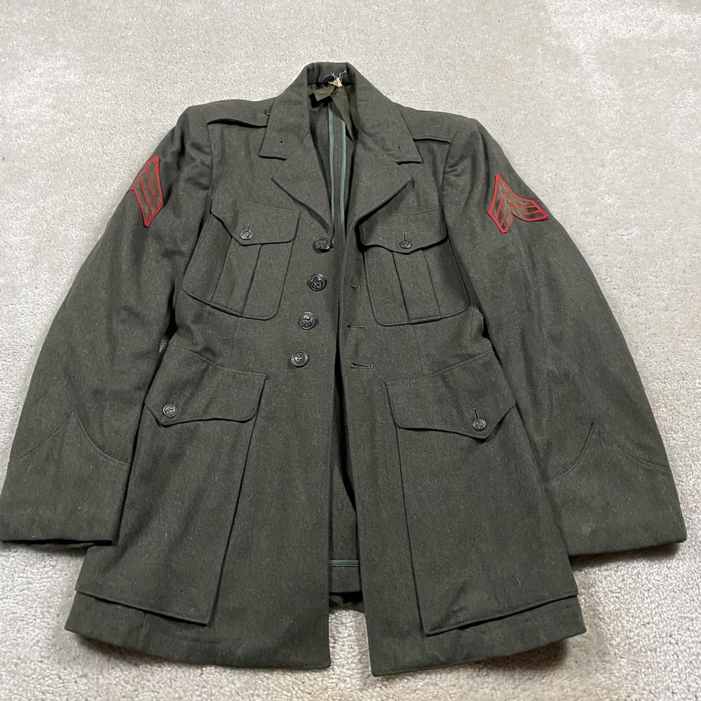 Vintage Military Coat Mens 36 Green Wool Belted Dress Sergeant Chevron Patches